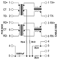 Schematic Drawing for N5447F Series RJ-45 10/100 Base-T Jack Electrical Connectors with Magnetic Module (N5447F-2205-GY)