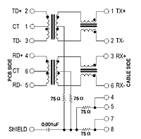 Schematic Drawing for N5447F Series RJ-45 10/100 Base-T Jack Electrical Connectors with Magnetic Module (N5447F-1212-BY)